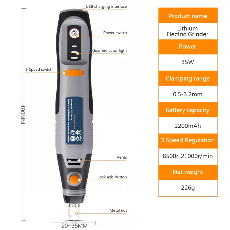 Wireless 3-Speed Rotary Tool Kit – 35W Mini Drill & Engraving Pen (USB, 8500–21000 RPM)