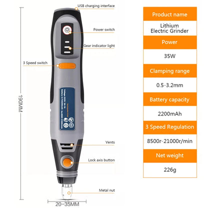 Wireless 3-Speed Rotary Tool Kit – 35W Mini Drill & Engraving Pen (USB, 8500–21000 RPM)