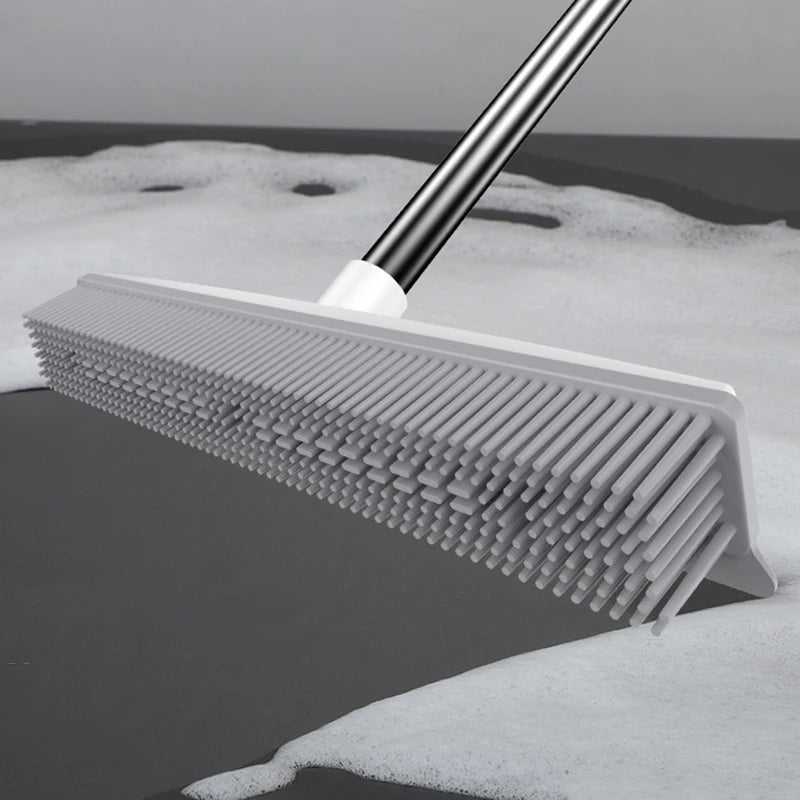 Rubber Broom with Squeegee – Pet Hair Remover for Carpet, Hardwood & Tile – Long Handle, Scratch-Free