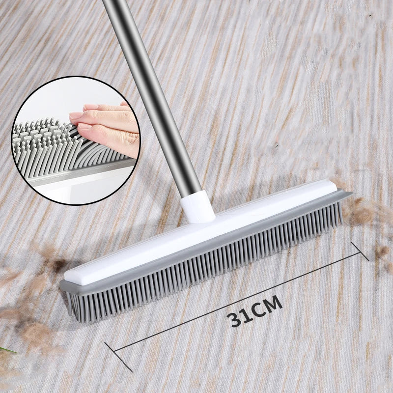 Rubber Broom with Squeegee – Pet Hair Remover for Carpet, Hardwood & Tile – Long Handle, Scratch-Free