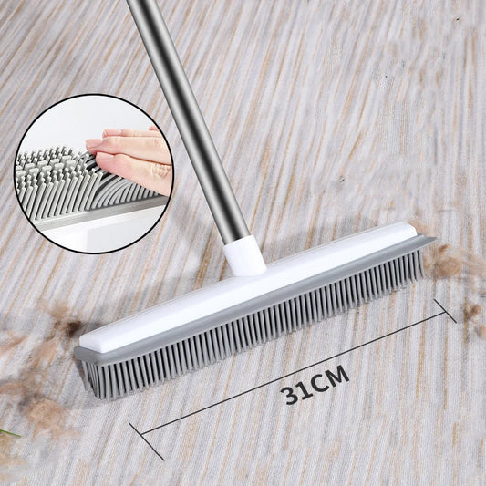 Rubber Broom with Squeegee – Pet Hair Remover for Carpet, Hardwood & Tile – Long Handle, Scratch-Free