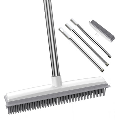 Rubber Broom with Squeegee – Pet Hair Remover for Carpet, Hardwood & Tile – Long Handle, Scratch-Free