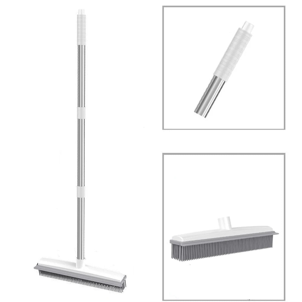 Rubber Broom with Squeegee – Pet Hair Remover for Carpet, Hardwood & Tile – Long Handle, Scratch-Free